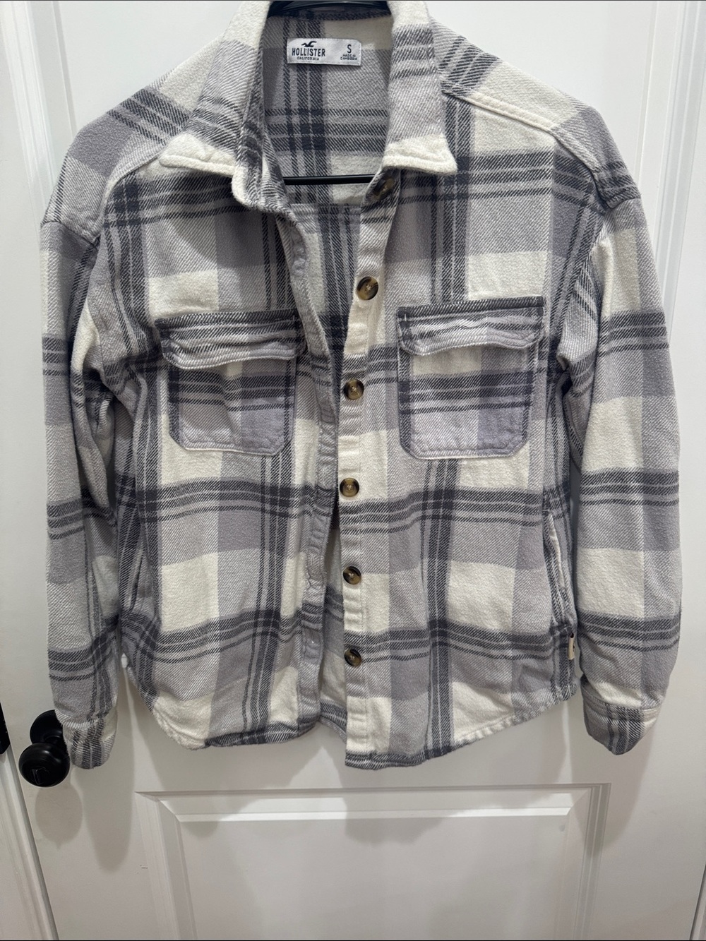 Hollister Cream and Gray Plaid Button Jacket